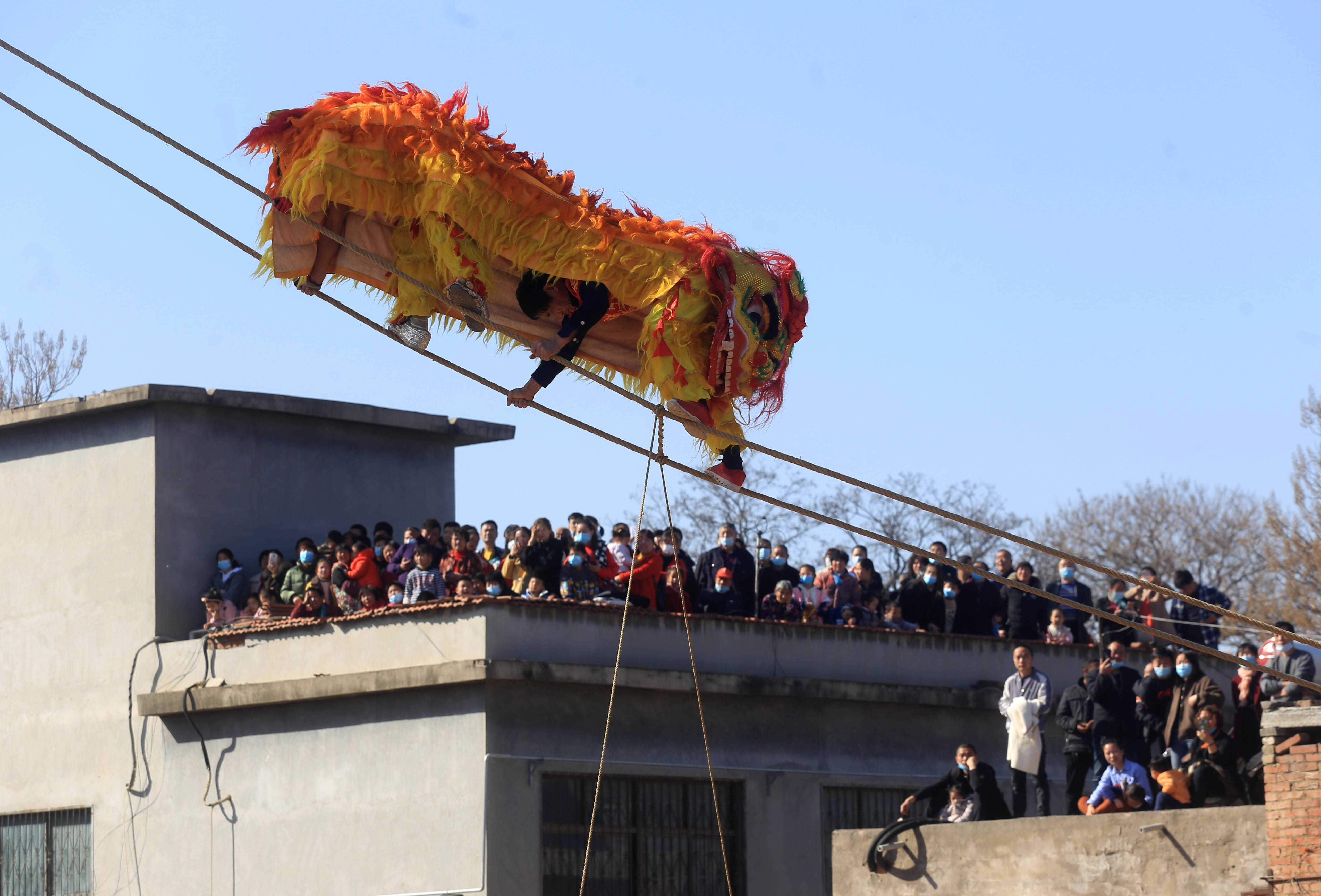 荥阳办舞狮节“中原狮王”再现“狮子爬老杆”绝活-搜狐大视野-搜狐新闻