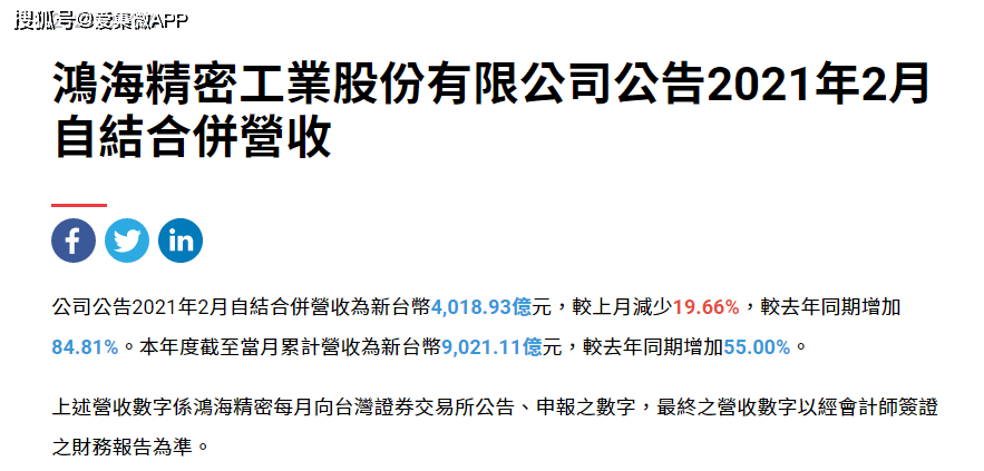 鸿海集团2月合并营收为新台币4019亿元 同比增长85 电动车