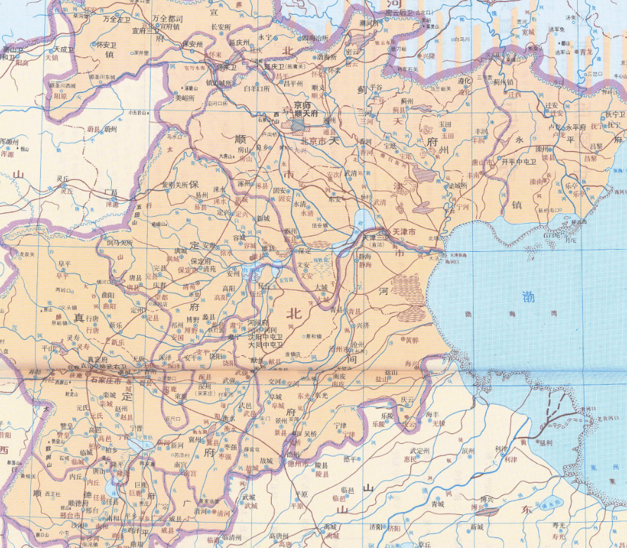 明朝北直隶的地图,可见今天天津及向南一带城镇仍然稀少但是从另外一