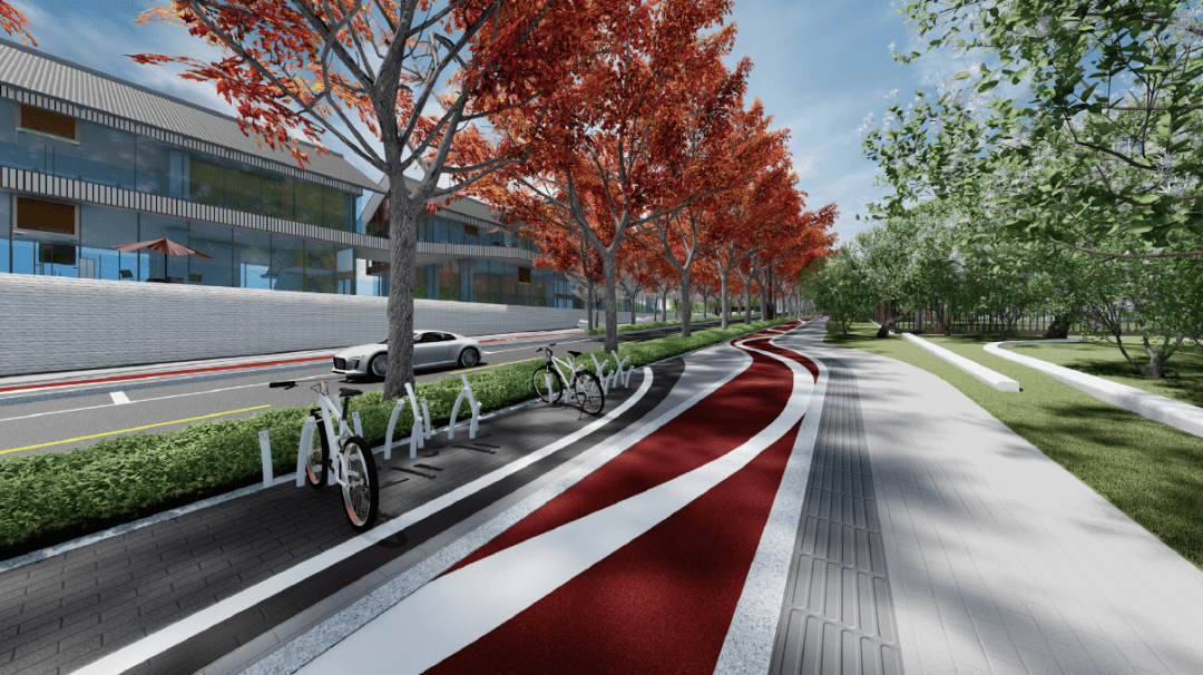 通过山水铺装和开放围墙,共享节点和商业建筑,将芷阳路打造为具有文化