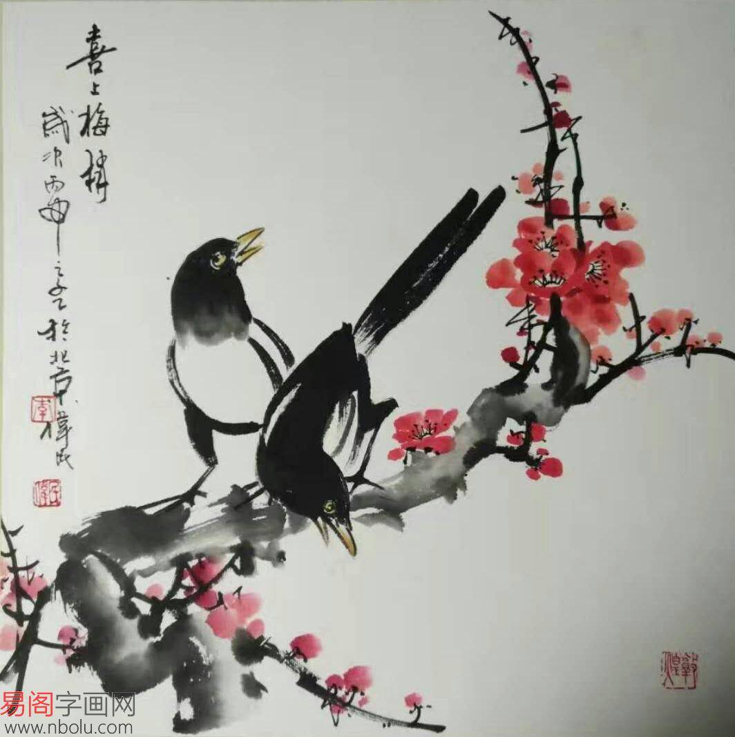 画家李伟民在这一幅画中描写了一幅红梅画,但其主要刻画点确实梅花树