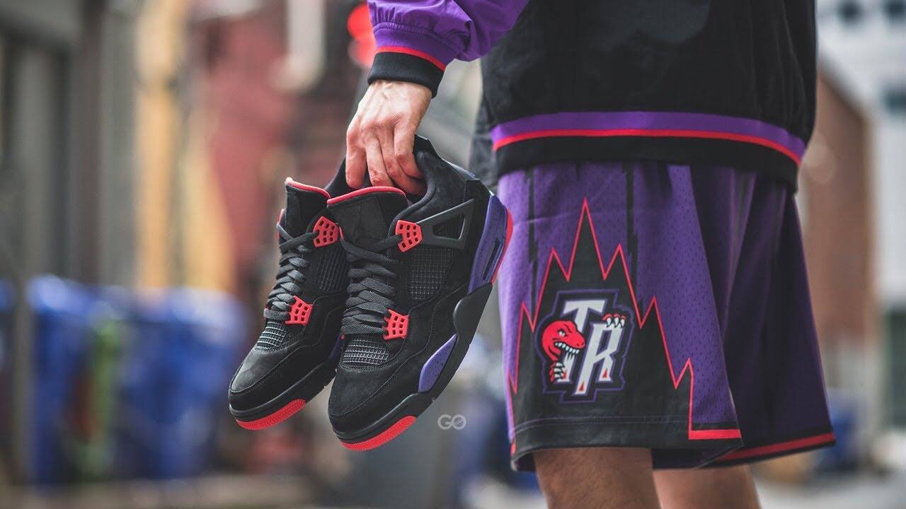 乔丹aj4 黑紫猛龙篮球鞋 air jordan 4 retro raptors nrg 上脚