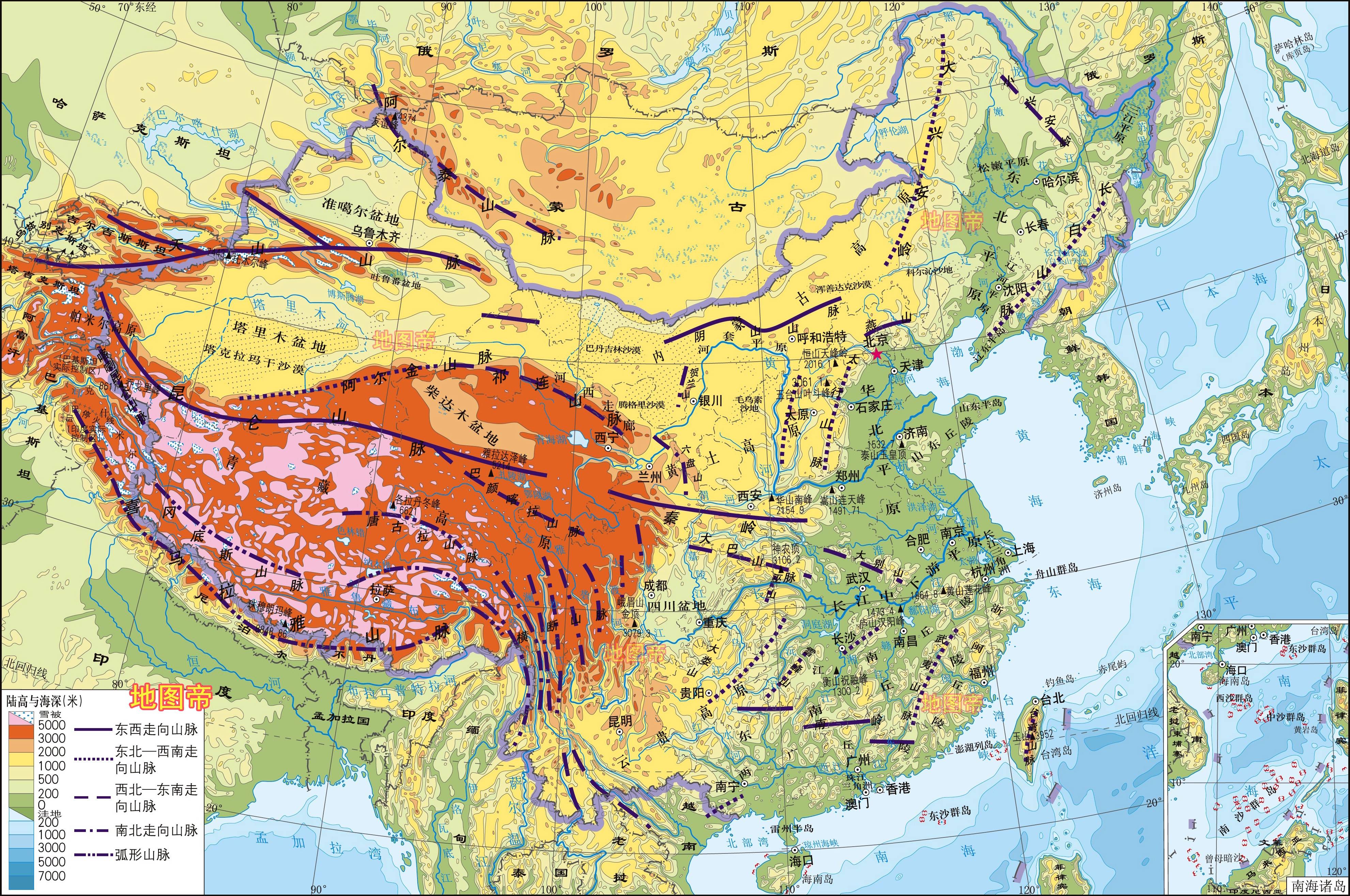 中国山脉地形图和省份图片
