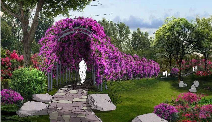 4,主题休闲区在公园最高点设计观景平台,结合大草坪及花海,为市民提供