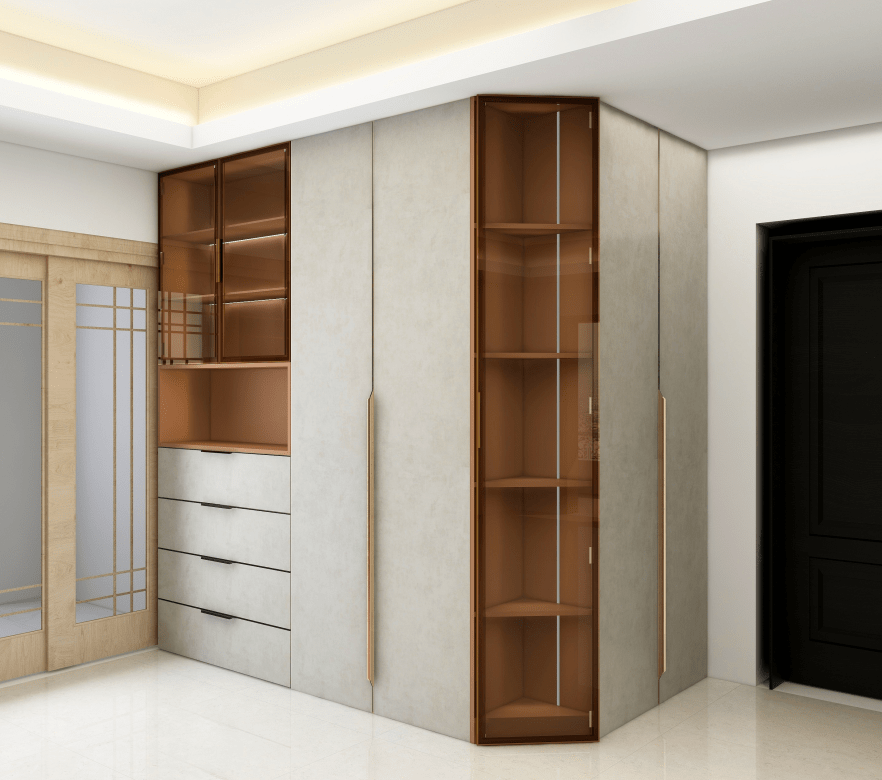 转角处也可采用切角柜设计,加上玻璃门,既可以展示物品,又很好把这块