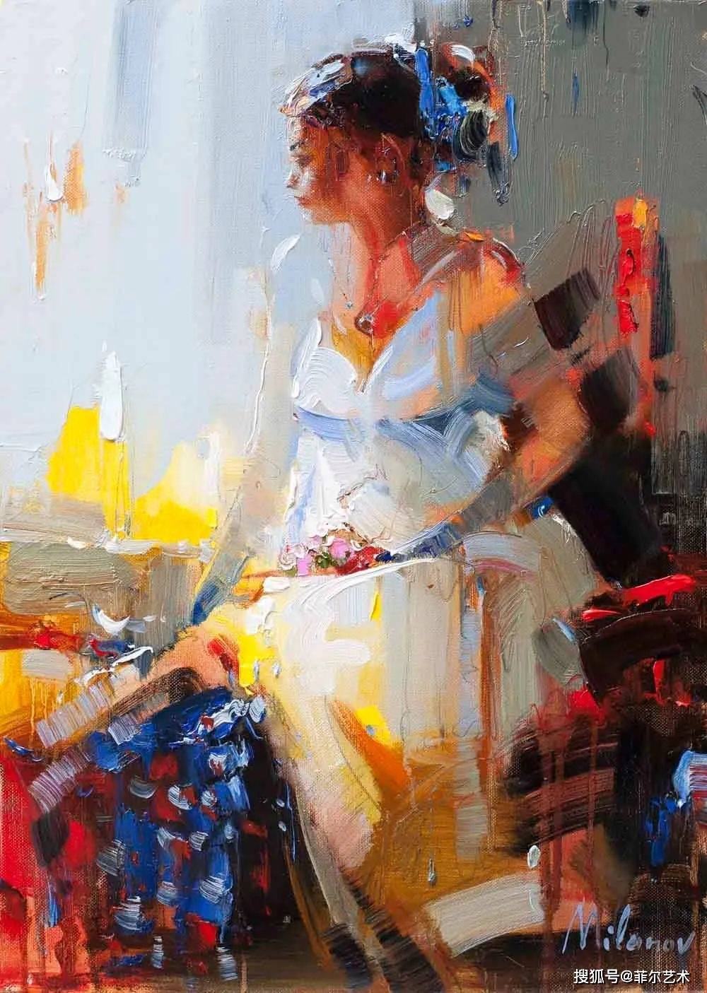 塞尔维亚画家斯托扬油画中女子或站或坐眼波流转拨撩人心