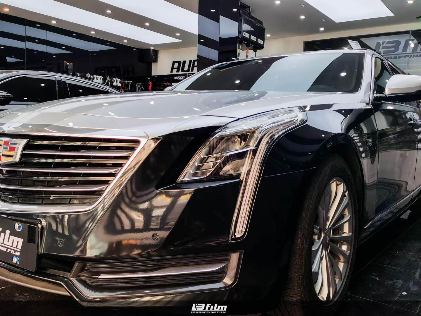 凯迪拉克ct6贴膜lbfilm-lb改色膜pet钢琴黑 超亮金属太空银双拼