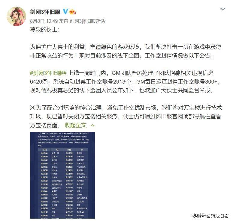 相关|6天时间彻底打死！剑网三怀旧服重击工作室，一口气封了3700多个