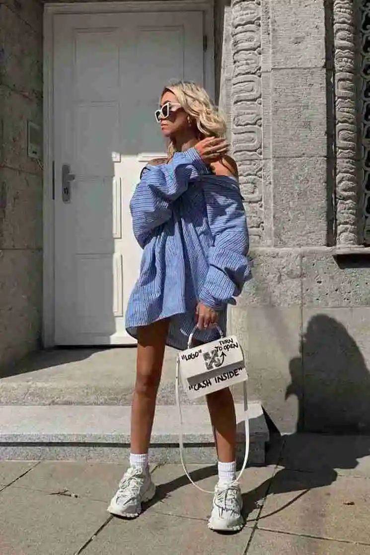 腰带|初夏火了一种穿法：衬衫裙＋运动鞋，清爽减龄又时髦，好看显气质