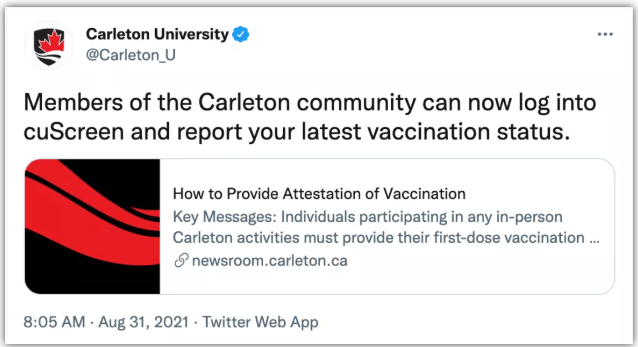 接种|加拿大卡尔顿大学声明：所有返校人员都要用cuScreen进行免疫申报！