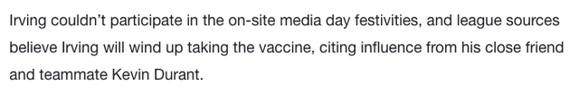 接种|曝欧文将服软接种疫苗！原因来自杜兰特影响，名记怒批别听他蠢话