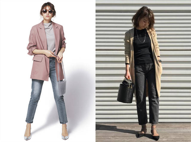 右图 秋冬，离不开经典牛仔裤，如何才能穿出看起来更时尚的效果