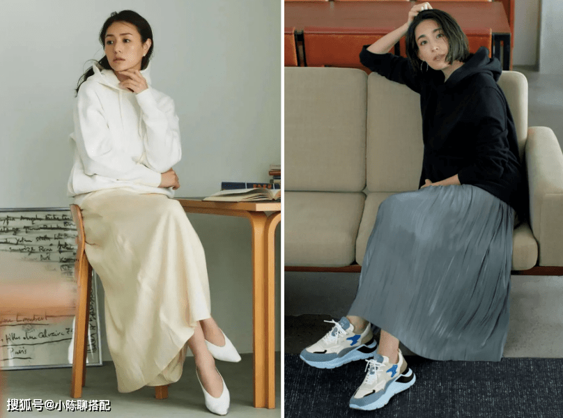 显得 50+女性穿卫衣别再搭小黑裤，卫衣+半身裙 ，中年女明星都上头