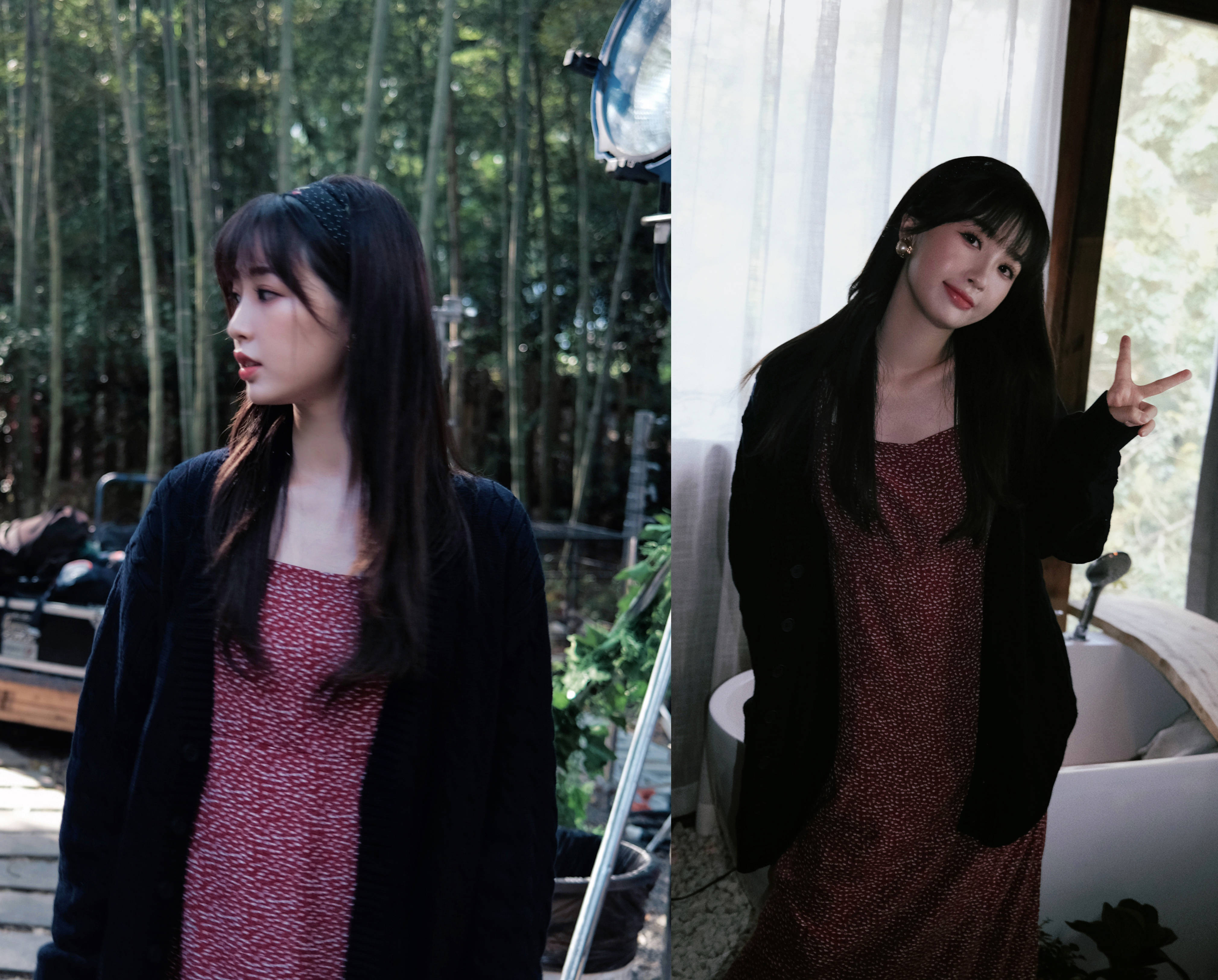 蓝色 长裙+针织开衫，虞书欣为你演绎：秋季浪漫纯美系穿搭范本~