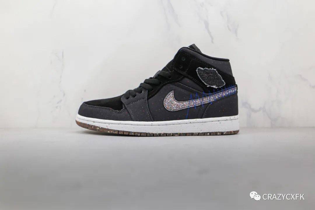 黑色 乔丹 Air Jordan 1 Mid Crater 中帮黑灰泼墨运动鞋