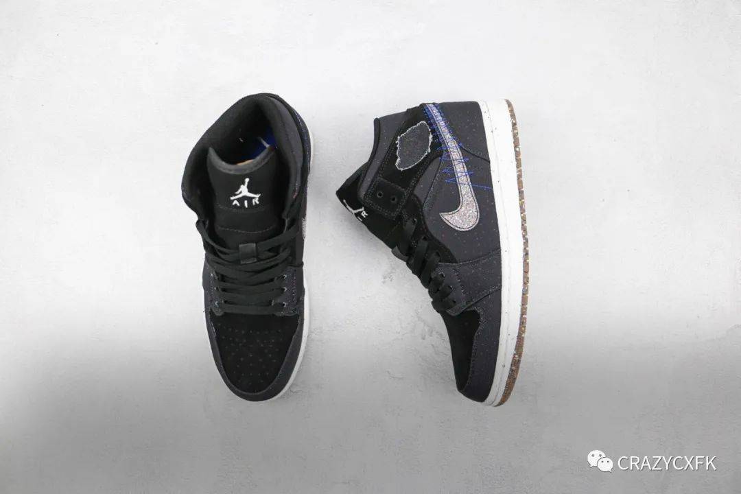 黑色 乔丹 Air Jordan 1 Mid Crater 中帮黑灰泼墨运动鞋