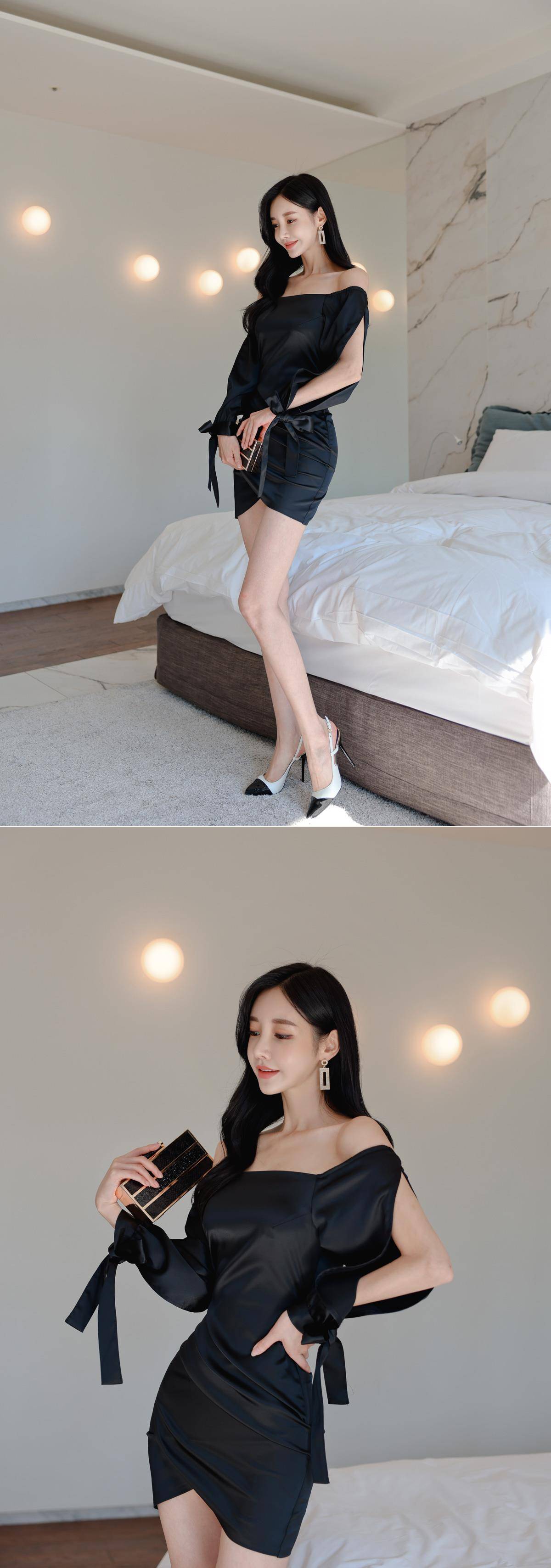 流线 极简设计的一字肩连衣裙，流线剪裁勾勒出身材曲线