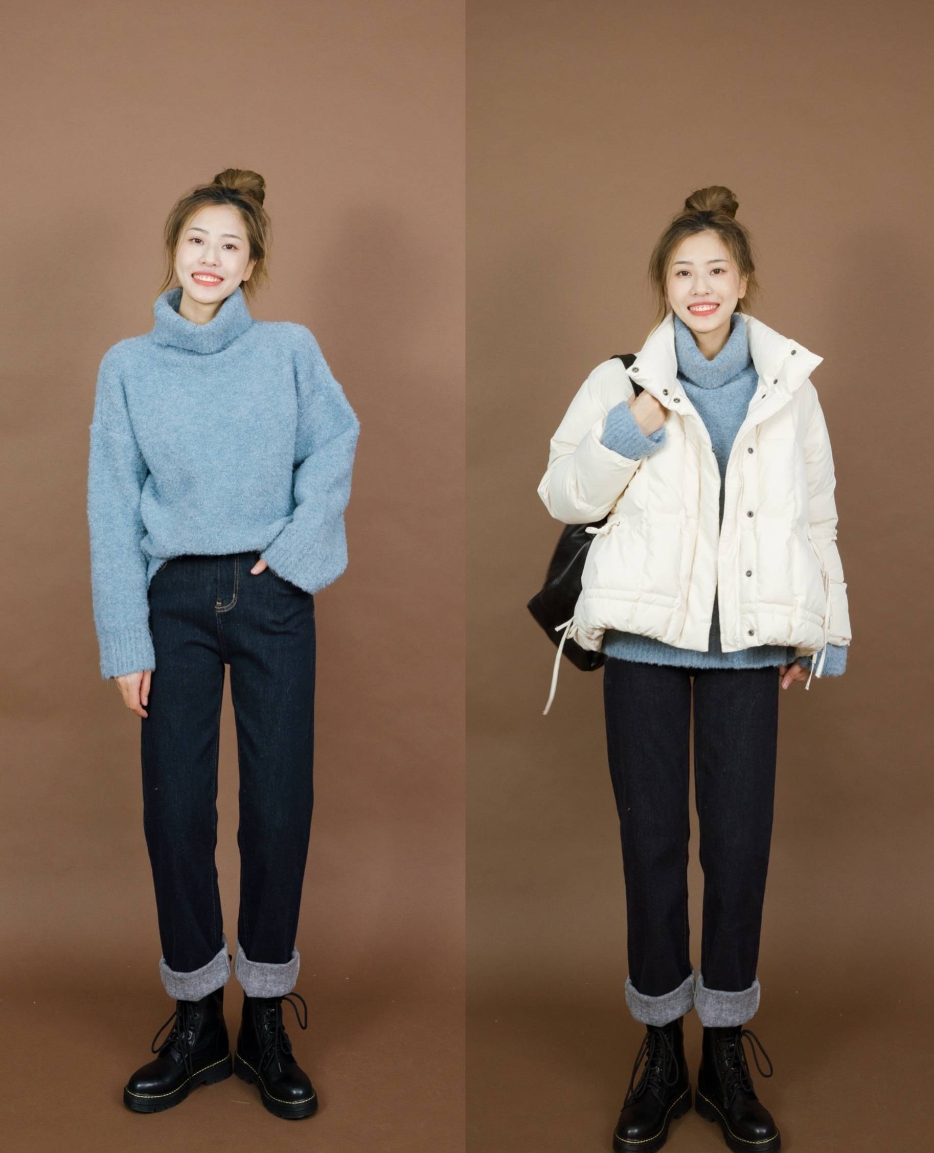 原创白百何白色长款羽绒服配阔腿裤穿出少女的感觉