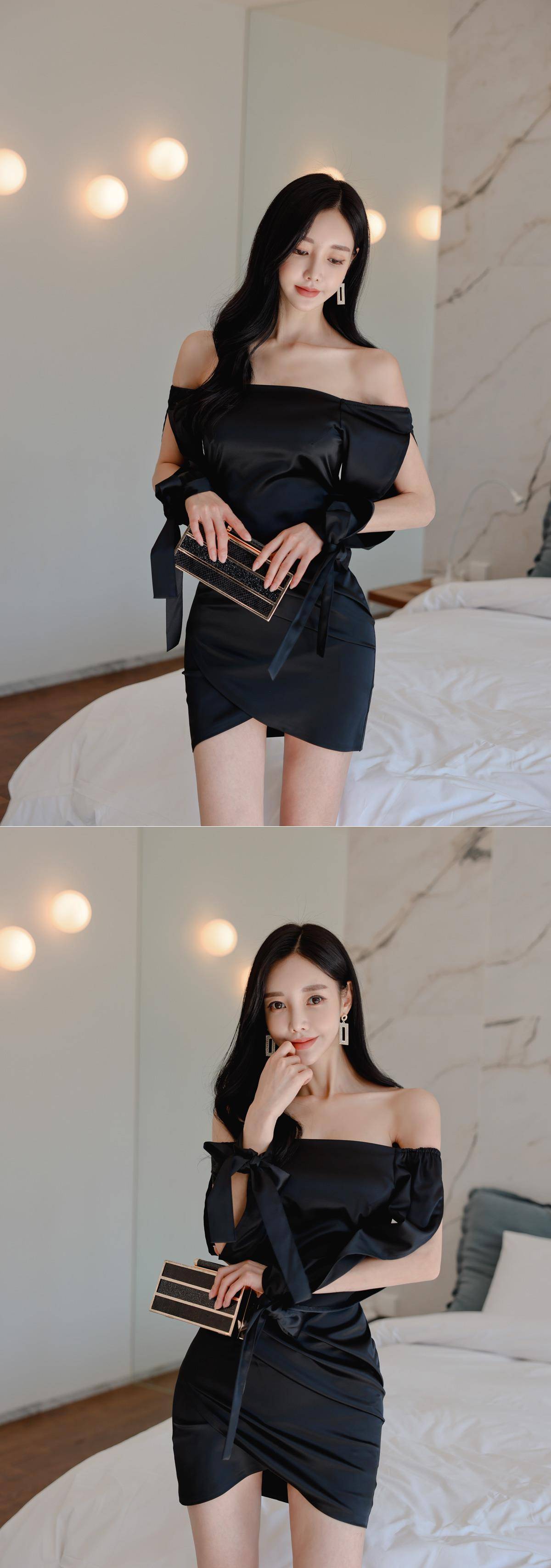 流线 极简设计的一字肩连衣裙，流线剪裁勾勒出身材曲线