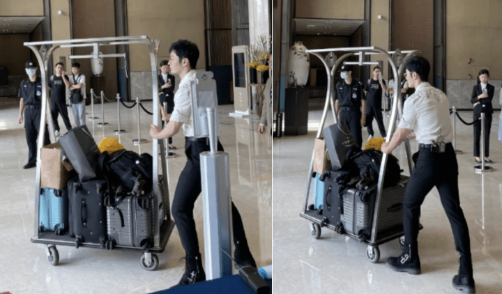 行李|黄晓明录《中餐厅》引围观！独自推行李，身材瘦弱长腿抢眼