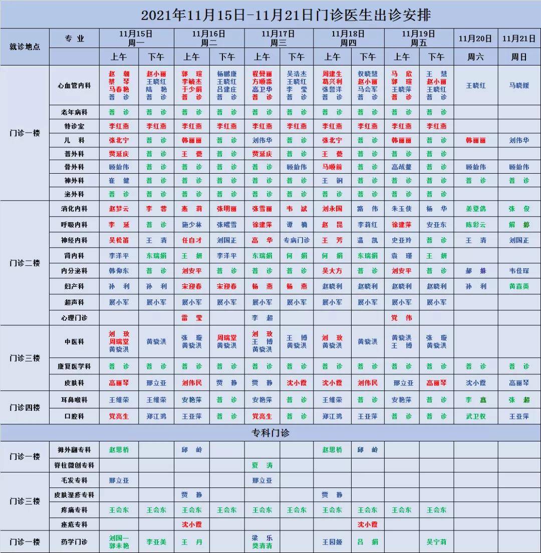 放号|西安市第一医院门诊医师出诊表（11月15日—11月21日）