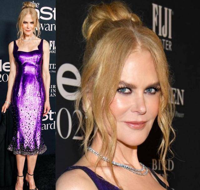 设计 妮可·基德曼54岁身材太棒了！穿紫色闪耀亮片裙，如黑夜玫瑰绽放