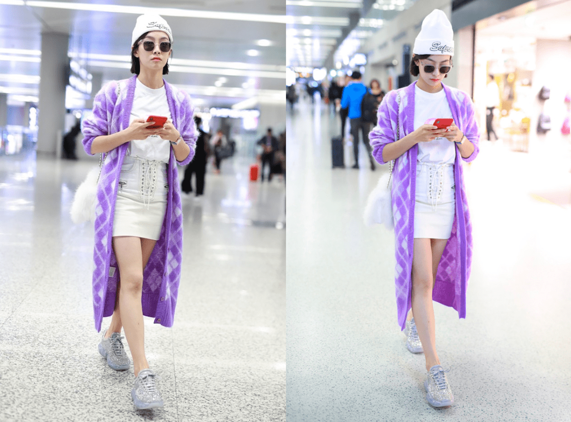 黑色 宋茜为了显高也真挺拼的，穿露胃毛衣配高腰裤，既显高还显比例