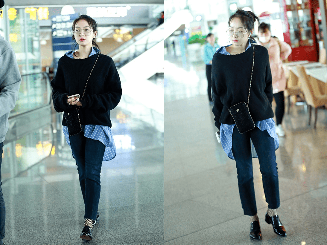 黑色 宋茜为了显高也真挺拼的，穿露胃毛衣配高腰裤，既显高还显比例