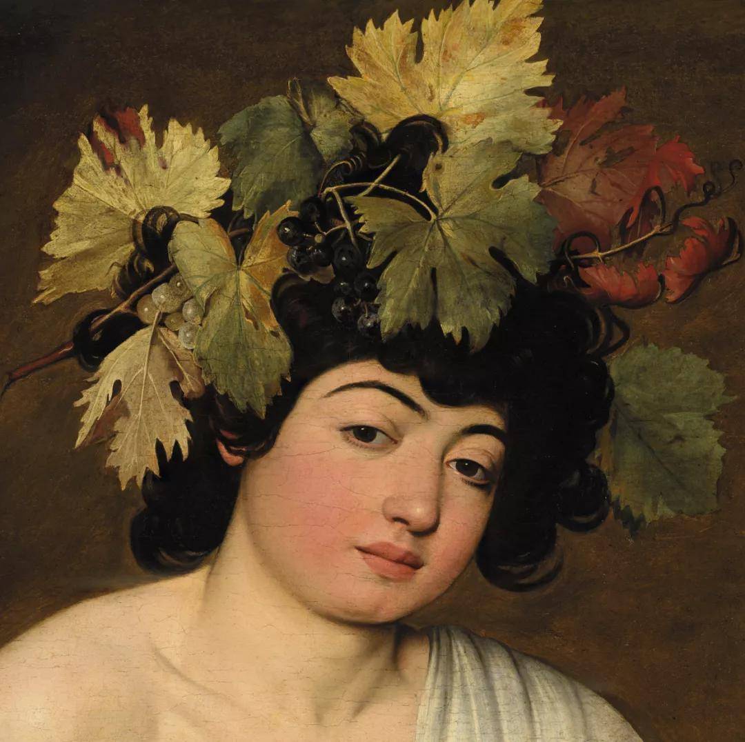 这副画中,年轻的酒神有些疲惫和憔悴,他头戴古典风格的葡萄藤冠,随意