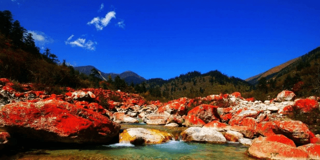 四川有一红石滩，海拔2500多米，石头全是红的，超多人慕名而来