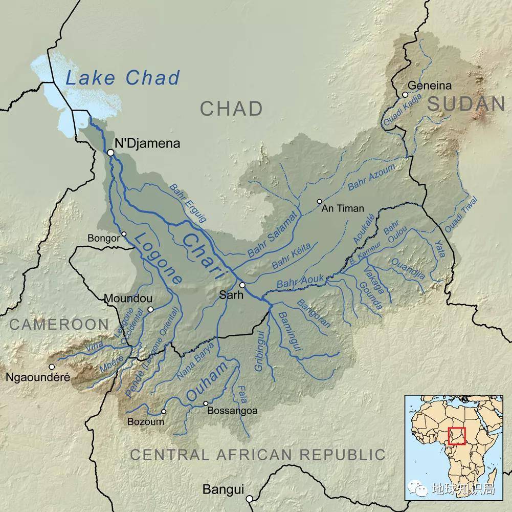 (图:wikipedia)▼查里河和洛贡河是两个主要水源乍得湖流域,湖泊水源