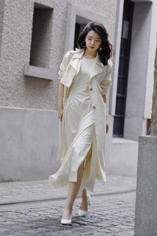 三木博主把小白鞋穿火了,风衣裙子小白鞋,简单优雅又显高_高跟鞋_白色