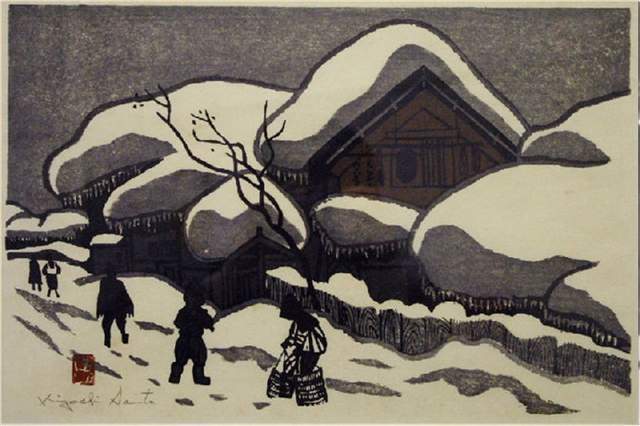 日本近代版畫大師齋藤清冬日雪景系列版畫作品_美的_白雪_詩情畫意