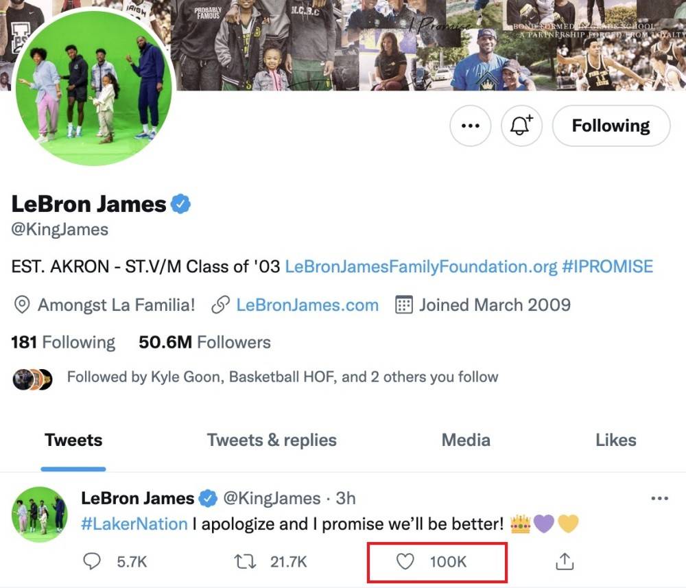 詹姆斯道歉推特点赞超10万!