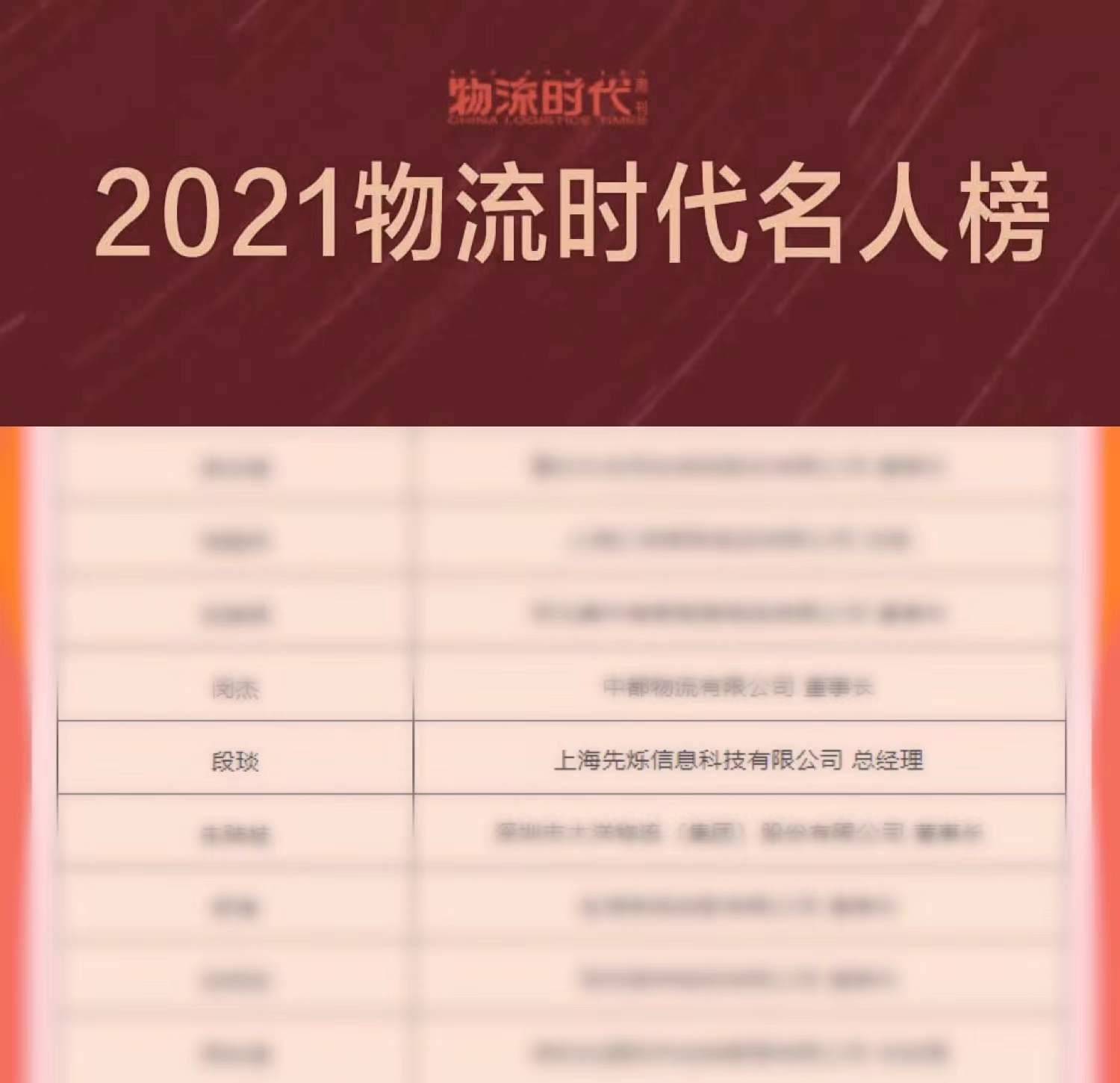 oTMS联合创始人段琰荣登物流时代周刊“2021物流时代名人榜”