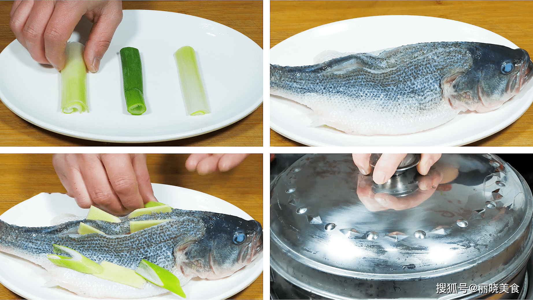 5,准备一个盘子,放入葱段,然后再放入鲈鱼,往鲈鱼身上撒入一些盐,之后