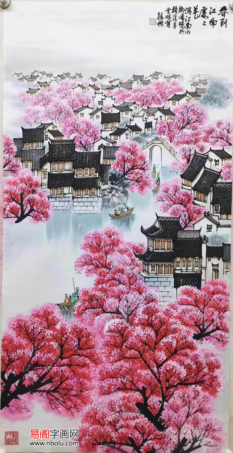 陈胜杰的山水画作品,题材多为江南的三月,远山如黛,云烟缥缈,桃花流水