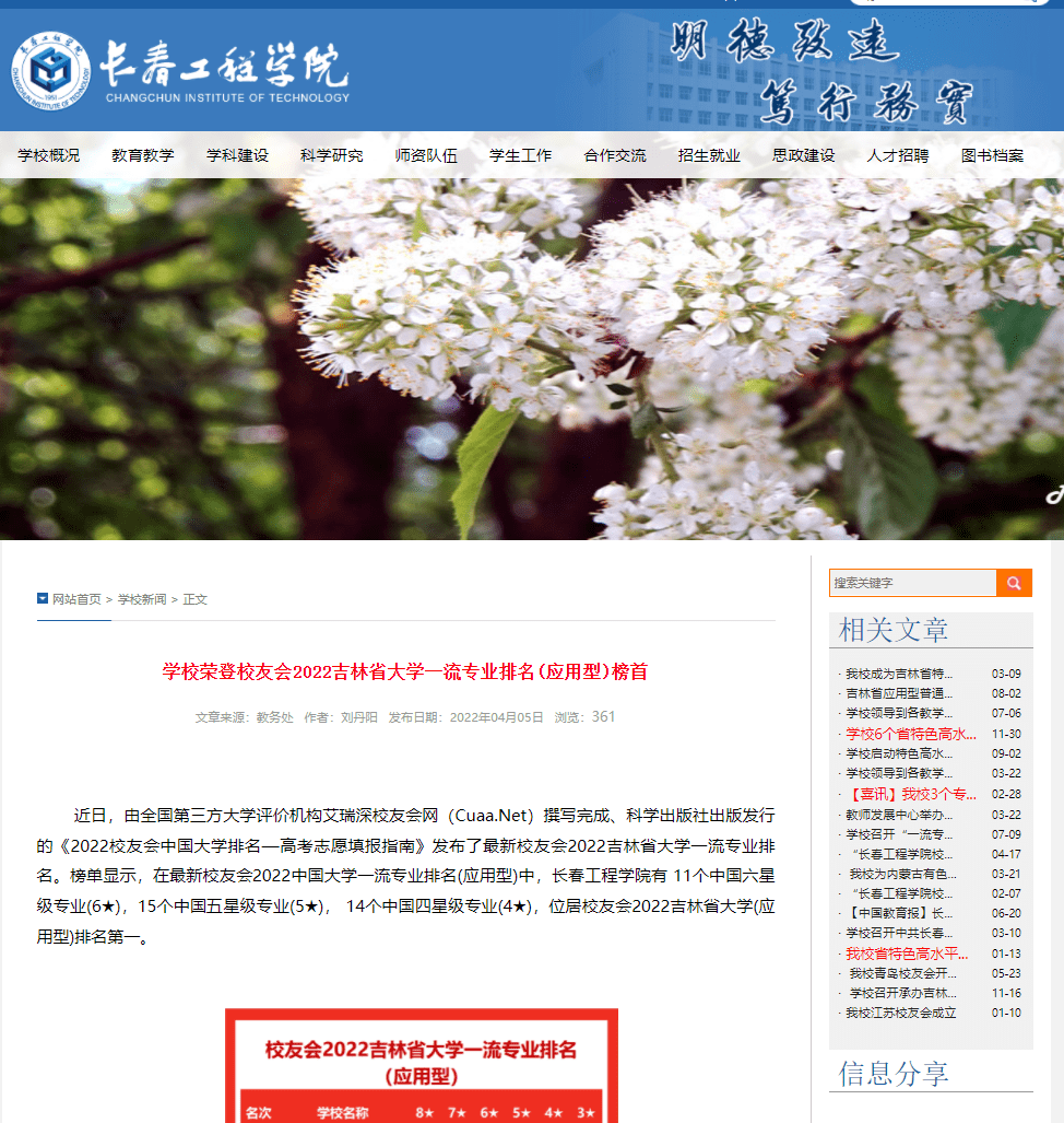 長春工程學院榮登校友會2022吉林省大學一流專業排名應用型榜首