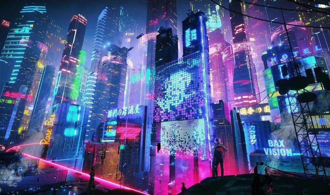 这是一张赛博朋克风格的图片，展示了霓虹灯光闪烁的未来城市景象，建筑高耸，色彩斑斓，充满科幻感。