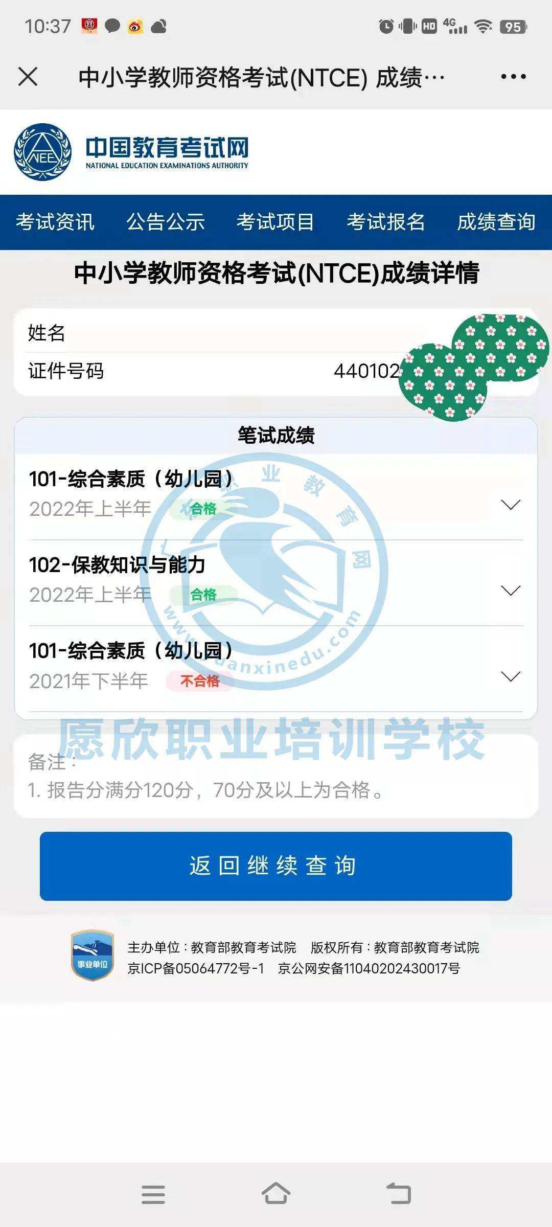 教师资格证笔试成绩图片