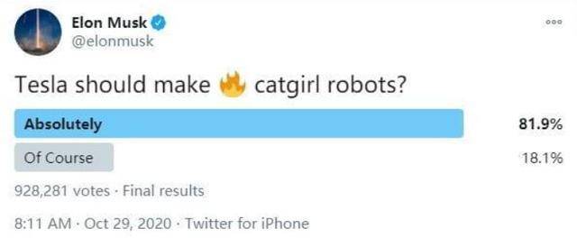 马斯克承诺打造猫娘机器人成本比汽车还低