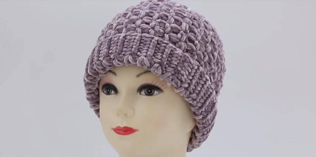 钩一款温暖舒适的帽子送给妈妈 枣花格翻边女帽教程 满满都是爱 粉紫色