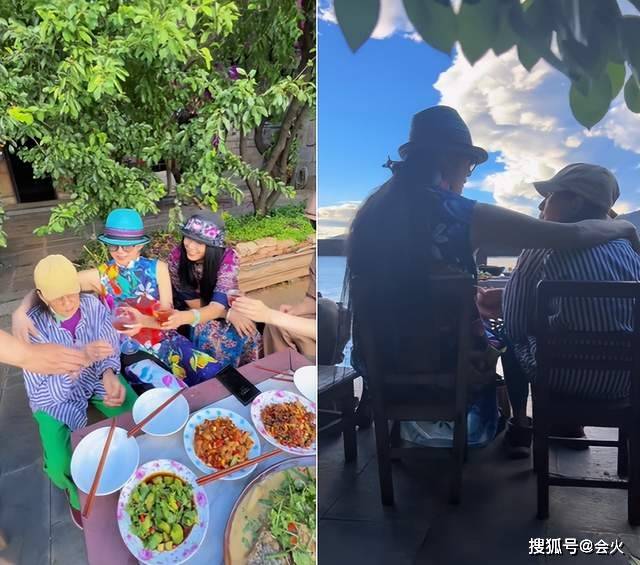 63岁杨丽萍湖边开派对!拿红酒指甲超长