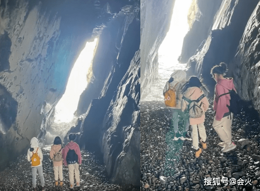 不老女神黎姿带三千金看海!站洞穴内双手叉腰
