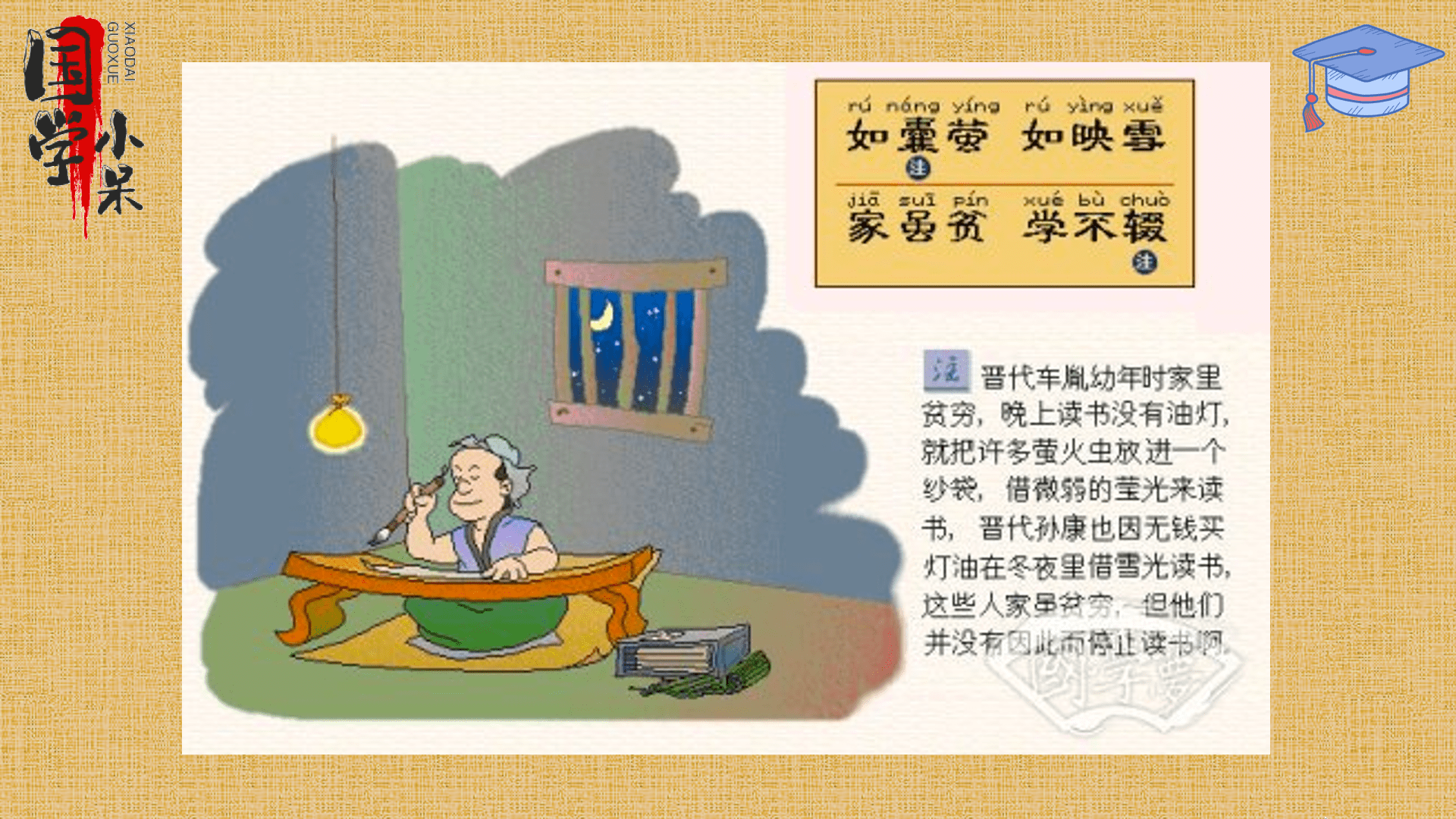 "如囊萤,如映雪,家虽贫,学不缀"的具体含义是:学不缀:学的意思是学习