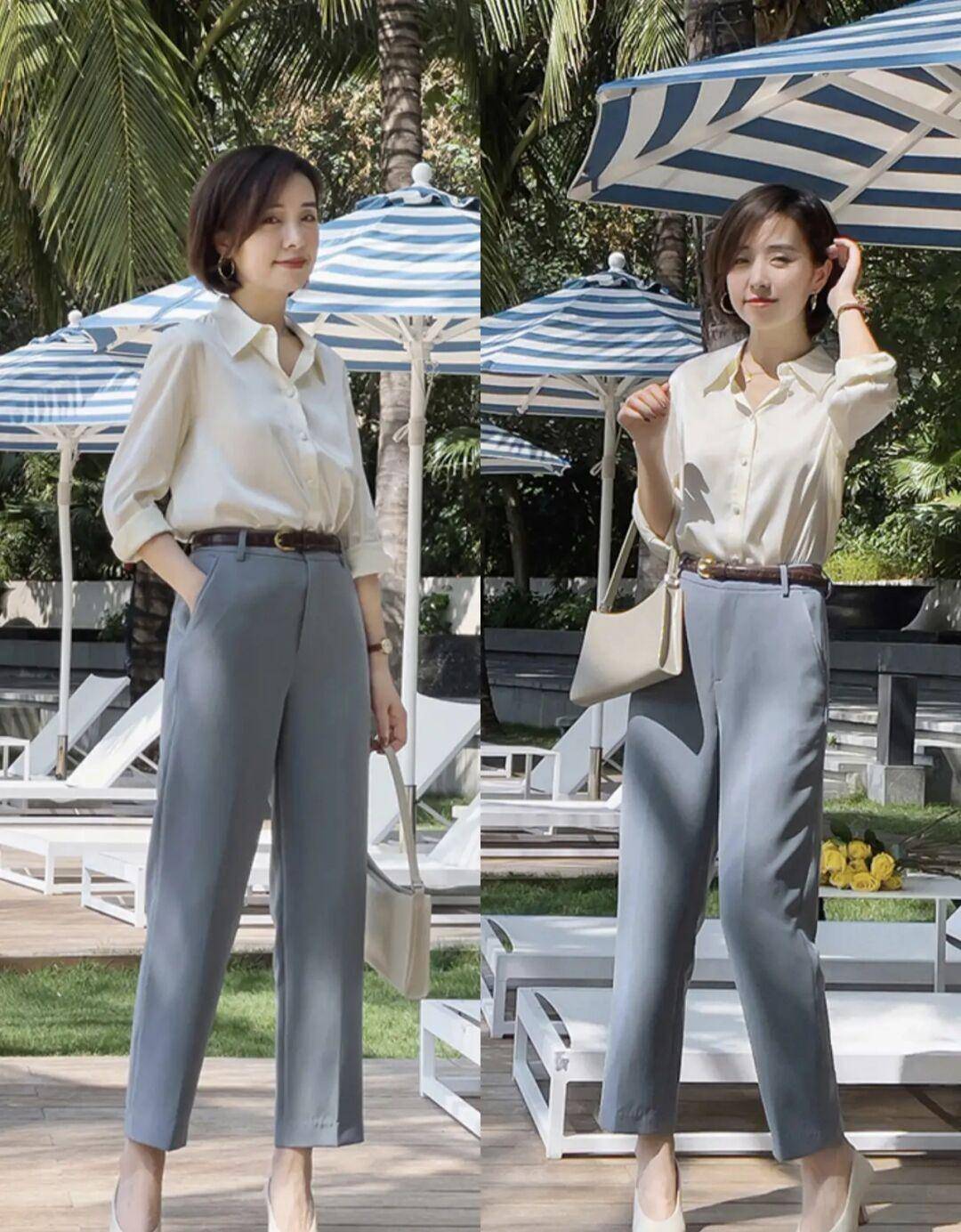 原创职场通勤怎么穿白色短袖衬衫配阔腿裤干练简约知性优雅