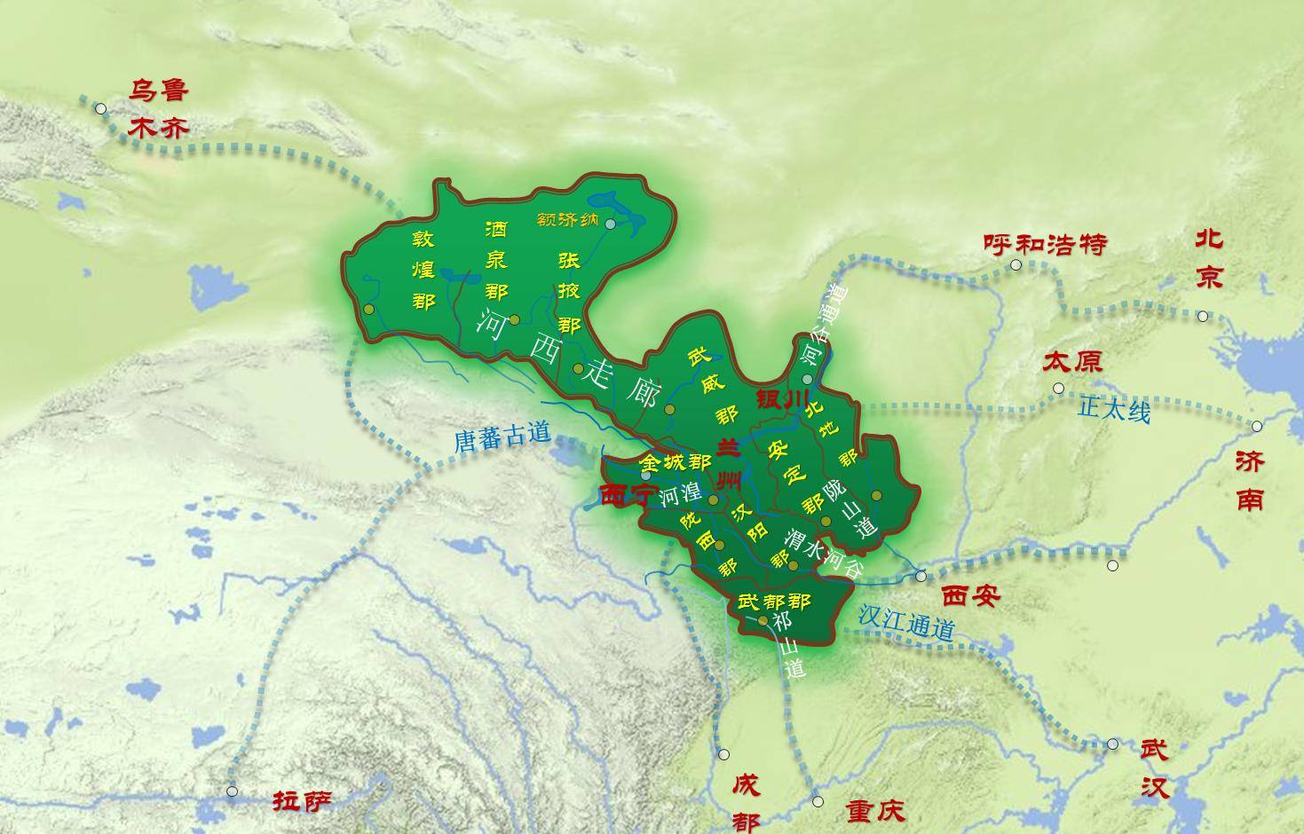 內向:沿隴山道,渭水河谷聯繫關中;沿西漢水河谷過襄陽直通武漢;沿祁山