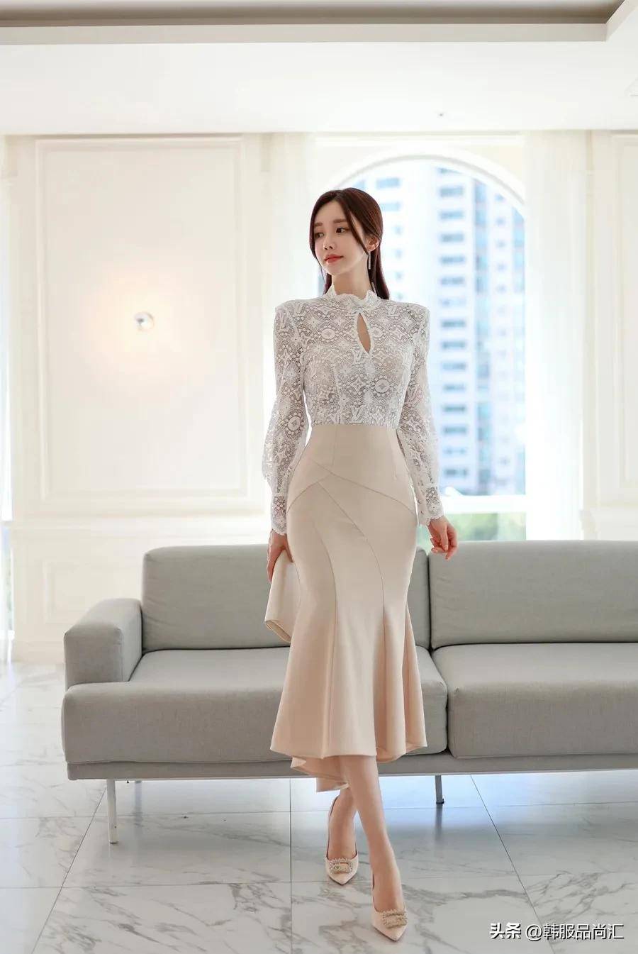 韩国美女模特孙允珠水滴网纱刺绣白雪凝霜鱼尾裙,像时尚大片_感觉