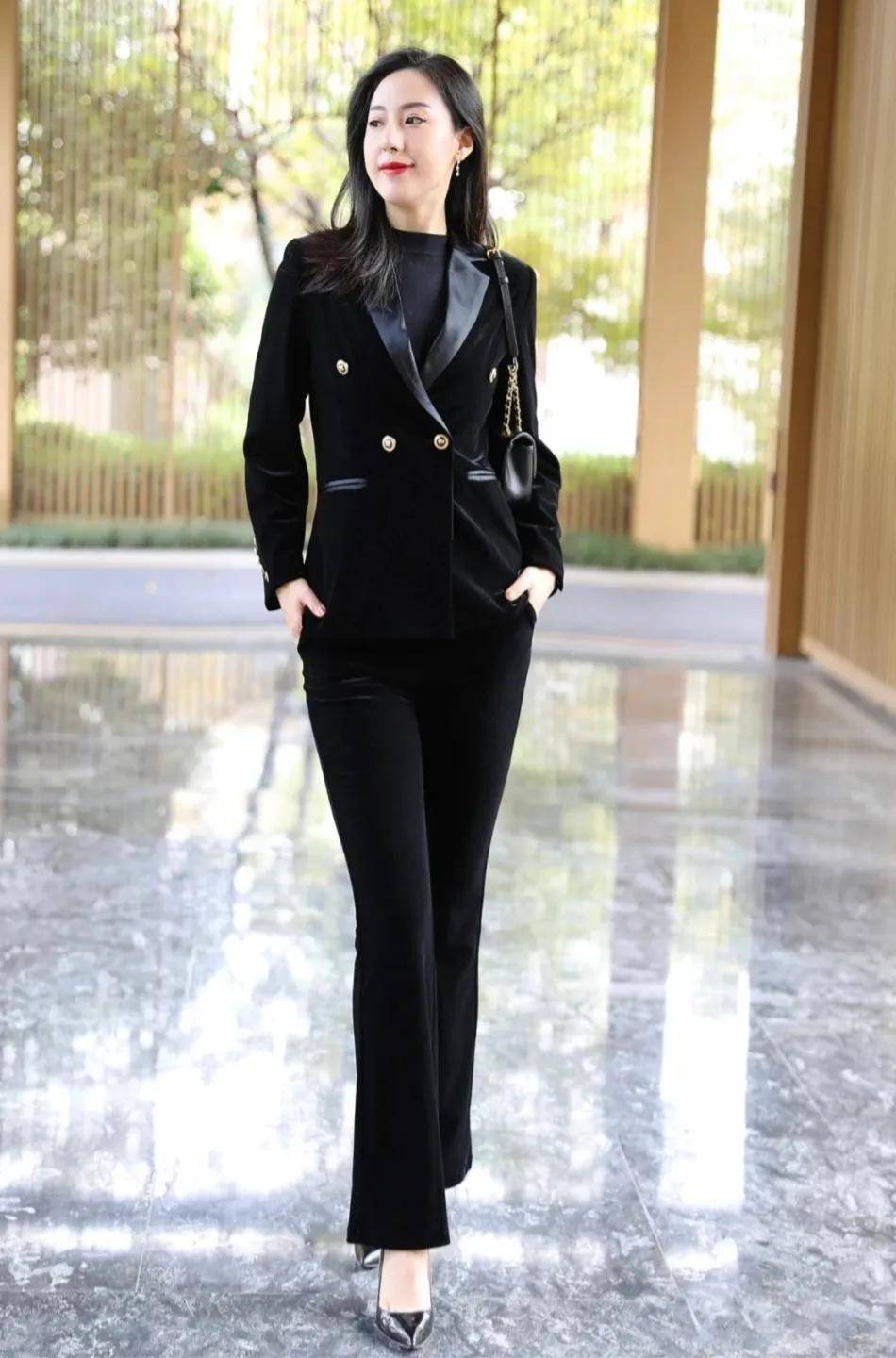 女生职业装穿搭系列之七,毛料黑色商务西装的质感特别好_女性_衣服_一