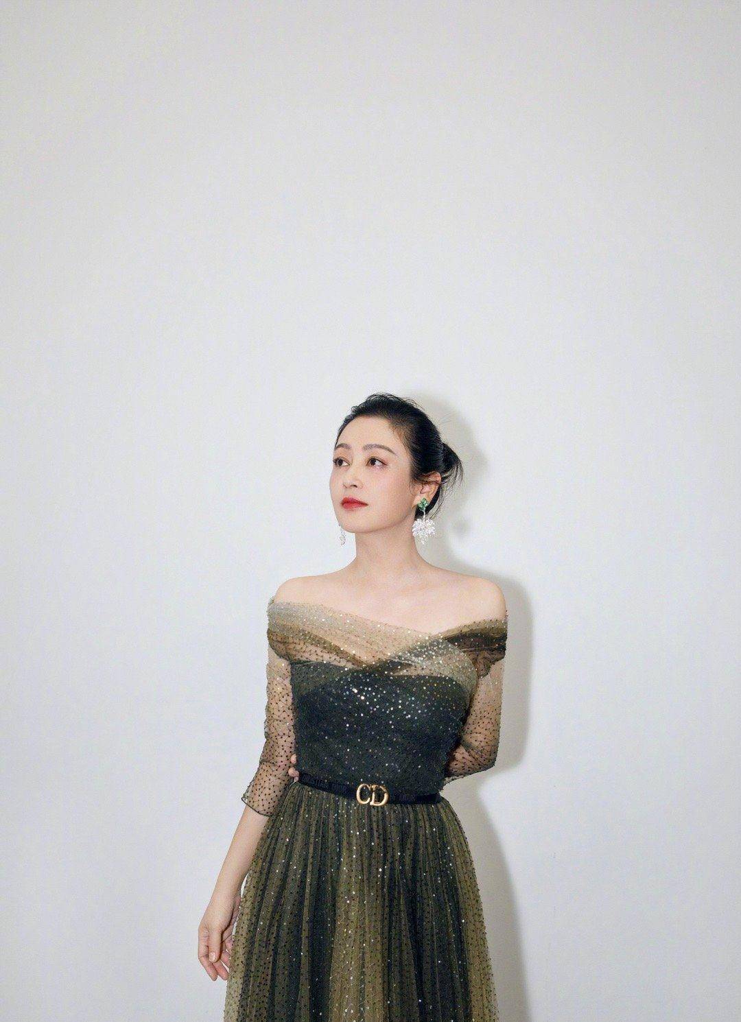 51岁陈红魅力依旧,身穿墨绿色星空裙闪耀光芒,美翻"嫦娥姐姐"_礼服